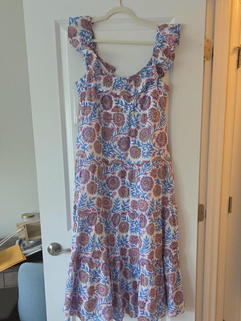 Floral Ruffle-Trim Sleeveless Summer Dress - Blue & Pink